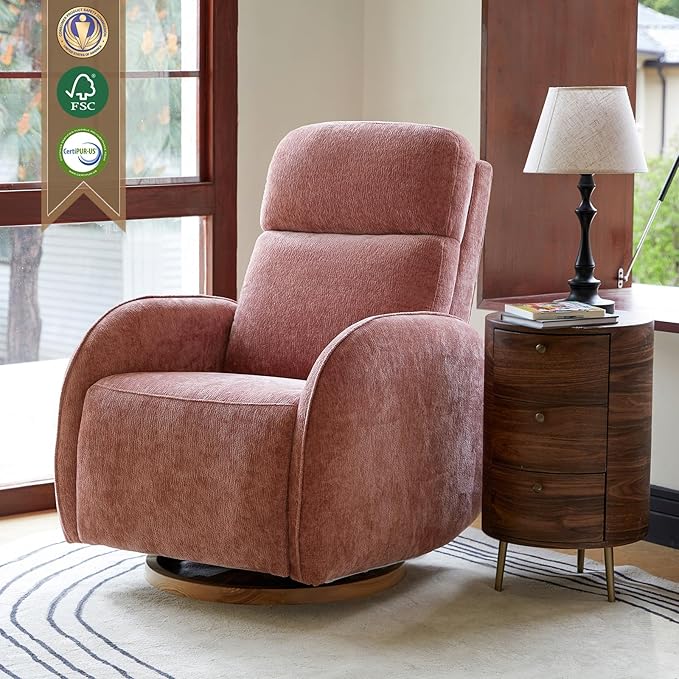 HULALA HOME Glider Recliner Nursery Chair with Adjustable Headrest and Lumbar Support, Modern Power Recliner with USB Port and Nightlight, Swivel Rocker Glider for Nursing Room Bedroom, Pink