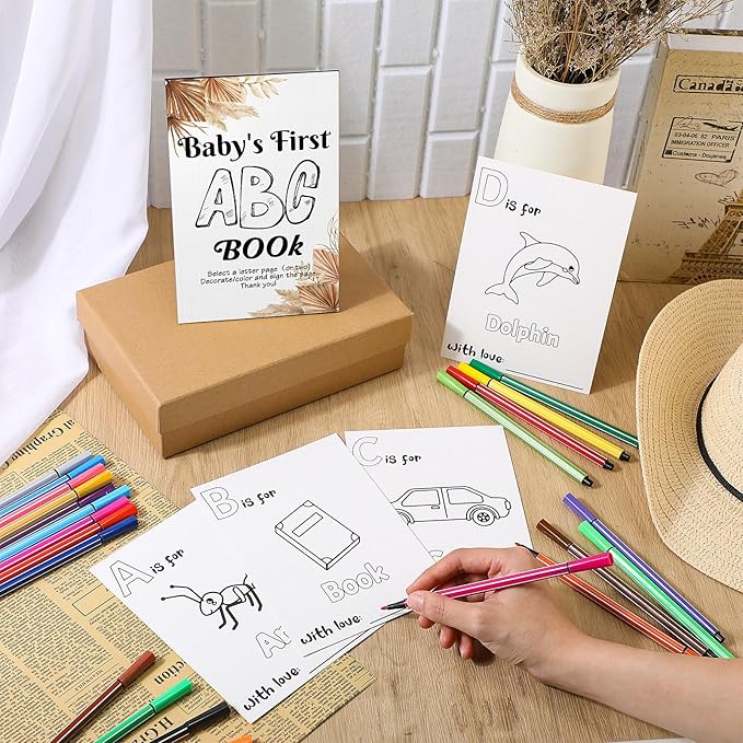 Geelin 51 Pcs Fun Baby Shower Game Activities First Abc Book Sign Coloring Game Card 26 Alphabet a to Z Coloring Card with 24 Watercolor Pen Storage Bag for Baby Shower Party(Boho)