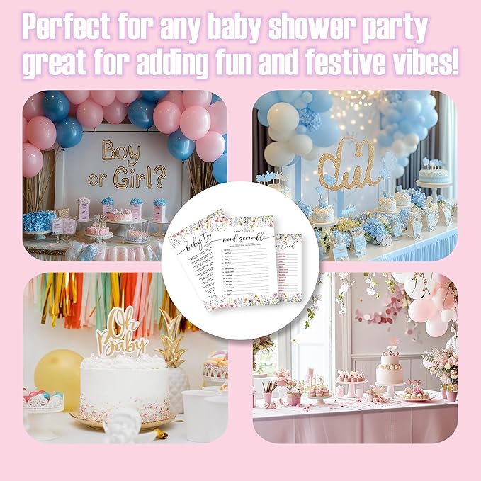 Wild Floral Baby Shower Game - Word Scramble,Baby Trivia-2 Games, 30 Pcs Double Sided Theme Game Cards With 1 Answer Card For Boy Girl, Gender Reveal Games, Baby Shower Favor And Decorations - A06