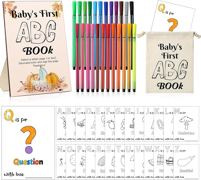 Geelin 51 Pcs Fun Baby Shower Game Activities First Abc Book Sign Coloring Game Card 26 Alphabet a to Z Coloring Card with 24 Watercolor Pen Storage Bag for Baby Shower Party(Autumn)