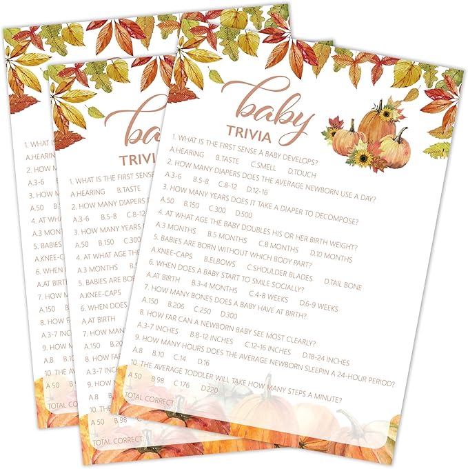 Fall Baby Shower Games, Baby Trivia Game Cards, 5x7 in, Thanksgiving Baby Shower Party Favor Decorations Supplies - A05