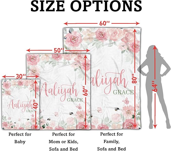 Arteaga Personalized Baby Blanket for Girls, Customized Floral Rose Blanket for Newborn, Super Soft Plush Fleece, 30''x40''