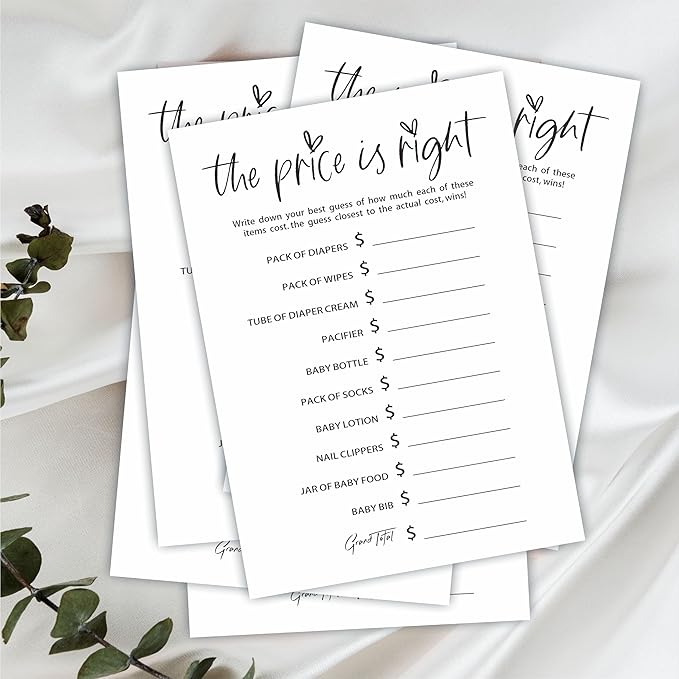 The Price Is Right Baby Shower Game Set - Classic White - 30 Double-Sided Fill In Style Game Cards, Gender Reveal, Baby Announcement, Party Favor & Supplies - B07