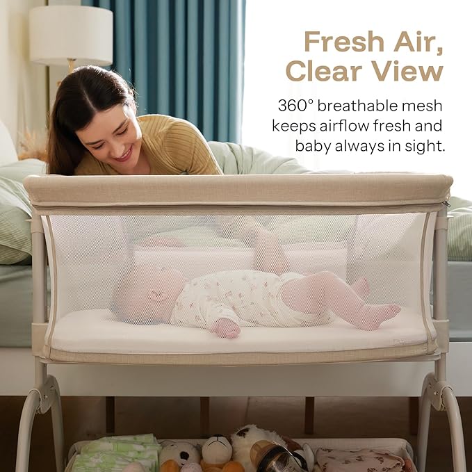 HARPPA Cuddly Bassinet, 2 in 1 Baby Bassinet with Breathable Mesh and Mattress, 6 Height Adjustable, Bedside Sleeper with Anchor Strap, Storage Basket and Wheels, Beige