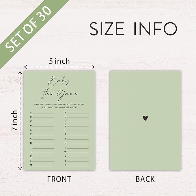 30 Pcs Minimalist Green Baby Shower Game Cards, Baby Shower Games, Gender Reveal Party Supplies - A03