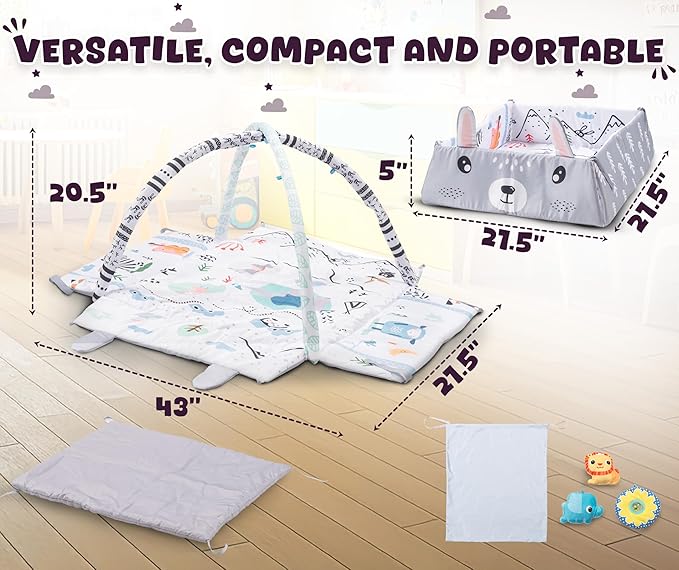 Baby Play Mat Tummy Time with Extra Mat - Baby Play Mats for Floor Activity Gym with Toys, Washable Tummy Time Mat Girl & Boy, Floor Play Mat for Babies 0 6 Months+, 43.7 x 39.8 x 20.5 Inches