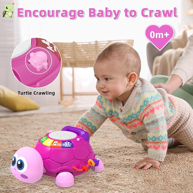 Musical Turtle Baby Toys 6-12 Months,Baby Crawling Toys for 12-18 Months,Early Learning Toy with Light&Sound,Tummy Time Toys Gifts for 3-6 4 5 7 8 9-12 18 Month Boy Girl(Pink)