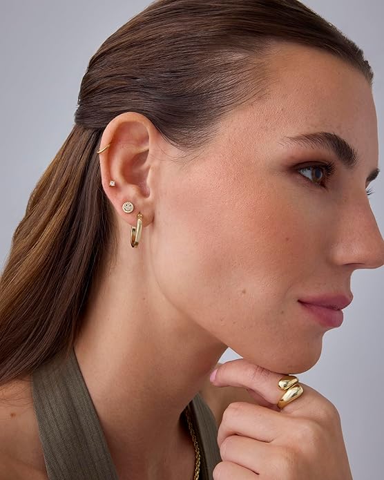 PAVOI 14K Gold Plated Dainty Flat Back Earrings for Women - Hypoallergenic Sterling Silver Posts Helix Cartilage Piercing Jewelry - Emoji Motif Bow Celestial Flatback Gold Stud Earrings Screw Back