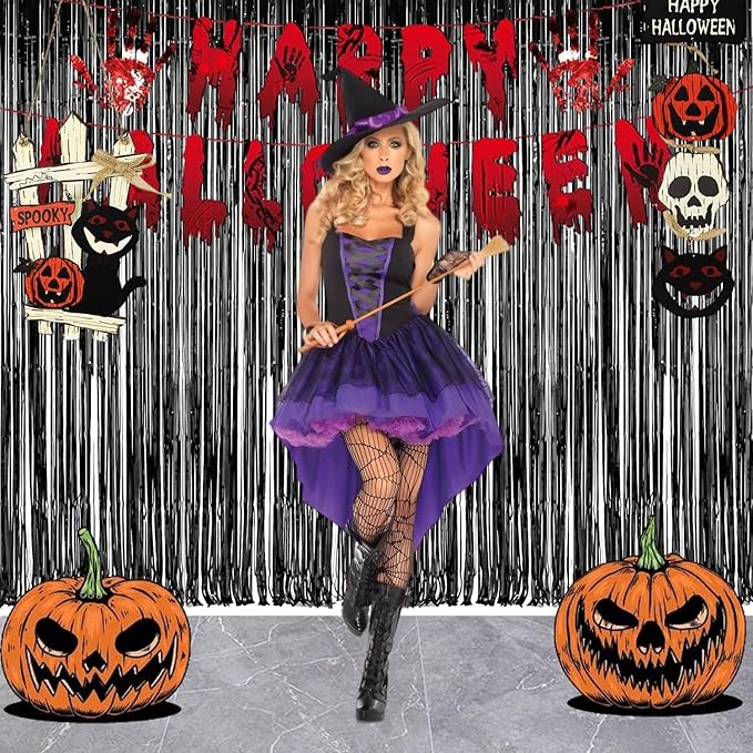 Foil Fringe Curtain Halloweens Party Decorations - Pure Black Tinsel Photo Backdrop Party Steamers Curtains for Birthdays Music Christmas Stranger Theme Parties
