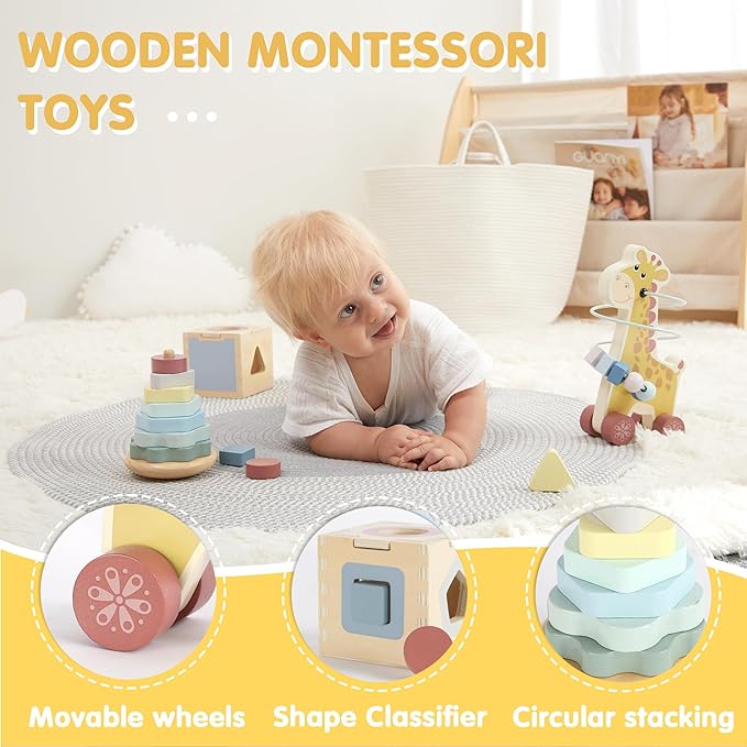 FReniland Montessori Toys for 1 Year Old,3-in-1 Wooden Baby Toys,Wooden Stacking Toy,Toddler Shape Sorting Cube, Giraffe Ring Toy,Newborn Baby Gift Sets for Boys and Girls