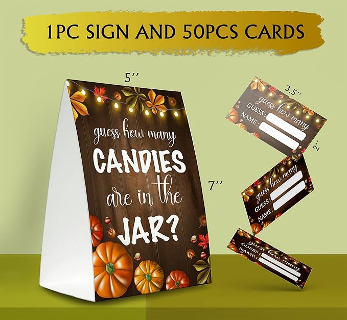 Guess How Many Candies Are in the Jar (1 Standing Sign + 50 Guessing Cards),Pumpkin Halloween,Bridal Shower Sign,Baby Shower Sign - NG01