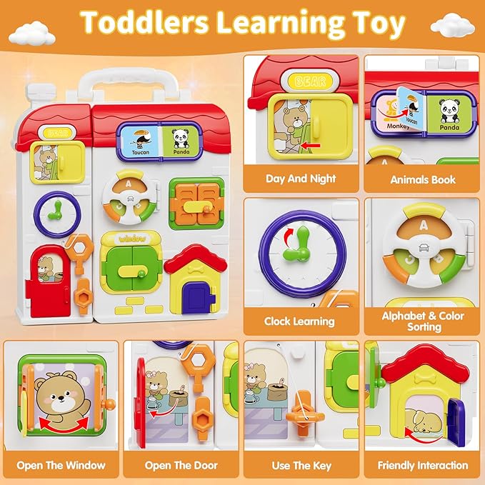 Busy Board for 1+ Year Old, Montessori Sensory Board for Toddlers, Bilingual Learning Toy Travel Musical Birthday Gift for Baby Boys Girls Ages 2 3 4
