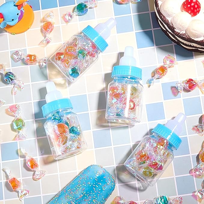 36 Pcs 3.5 Inch Baby Bottle Shower Favor Mini Plastic Candy Bottle Clear Bottles for Baby Shower Mini Feeding Candy Box for Party Favor Gift Decor(Blue)