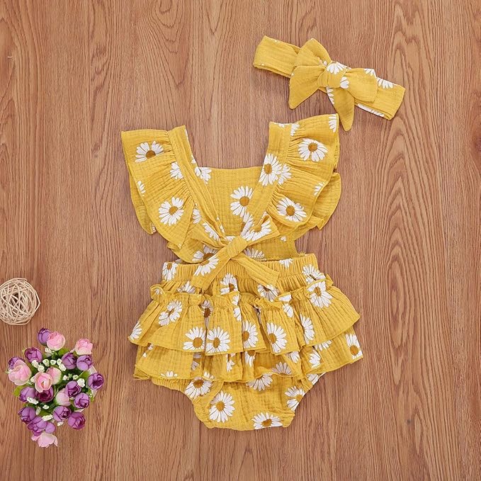 Baby Girls Floral Cotton Leotard Romper Newborn Daisy Playsuits Ruffled Sleeve Onesie Infant Jumpsuit Clothes Headband