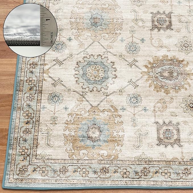 ReaLife Rugs Machine Washable Area Rug Runner - Living Room Bedroom Bathroom Kitchen Entryway Office - Padded Low Pile Stain Resistant Premium - Boho Farmhouse Vintage - Bryn - Beige Seafoam 3' x 5'