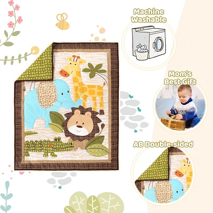 Wowelife Safari Crib Bedding Set, Mini Crib Bedding Set Boy. 3-Piece Mini Crib Comforter Set Nursery Bedding Sets for Boys Include Crib Comforter, Skirt and Sheet, Brown