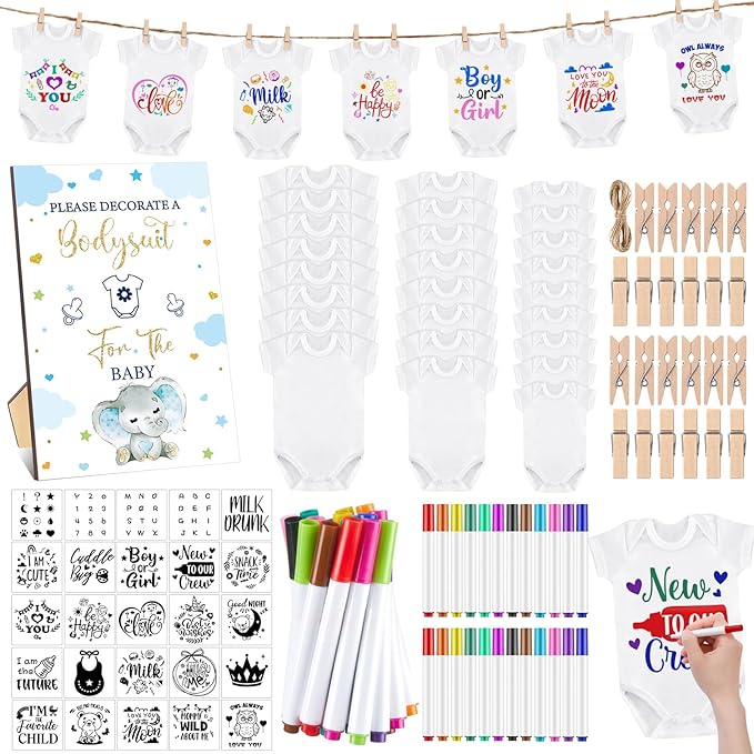 Panitay 126 Pcs Baby Shower DIY Bodysuit Set Rustic Kraft Baby Shower Game Sign DIY Bib 25 Blank White Newborn Bodysuit 25 Stencils 24 Marker 1 Sign 50 Pins for Gender Reveal(Blue Elephant)