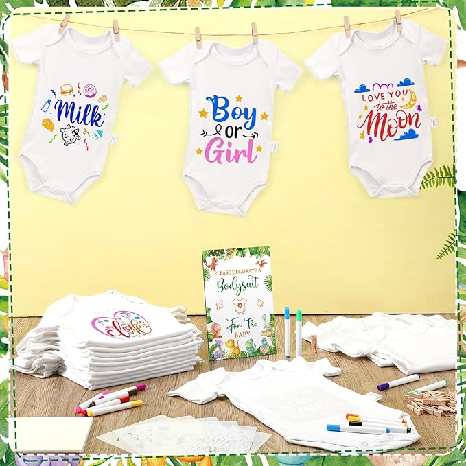 Panitay 126 Pcs Baby Shower DIY Bodysuit Set Rustic Kraft Baby Shower Game Sign DIY Bib 25 Blank White Newborn Bodysuit 25 Stencils 24 Marker 1 Sign 50 Pins for Gender Reveal(Dinosaur)