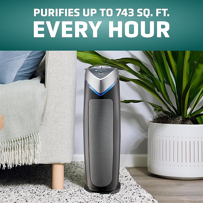 GermGuardian 4-In-1 HEPA Air Purifier for Home, Large Rooms Up To 743 Sq. Ft. with HEPA Air Filter, UC-V Light & Odor Reduction, AC4825E, 22" Tower, Gray