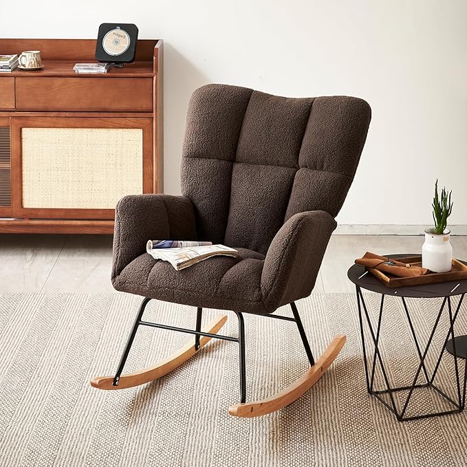 Kiztir Rocking Chair Nursery, High Backrest Teddy Glider Rocker Upholstered Rocker Recliner Modern Rocking Accent Chairs for Bedroom, Living Room, Offices (Brown)