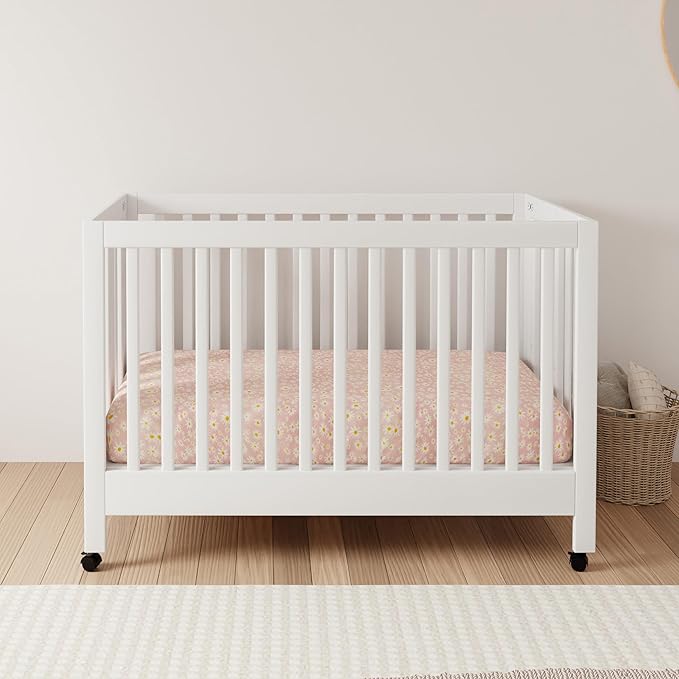 Babyletto Maki Full-Size 2-in-1 Portable Folding Crib with Toddler Bed Conversion Kit in White, Greenguard Gold Certified