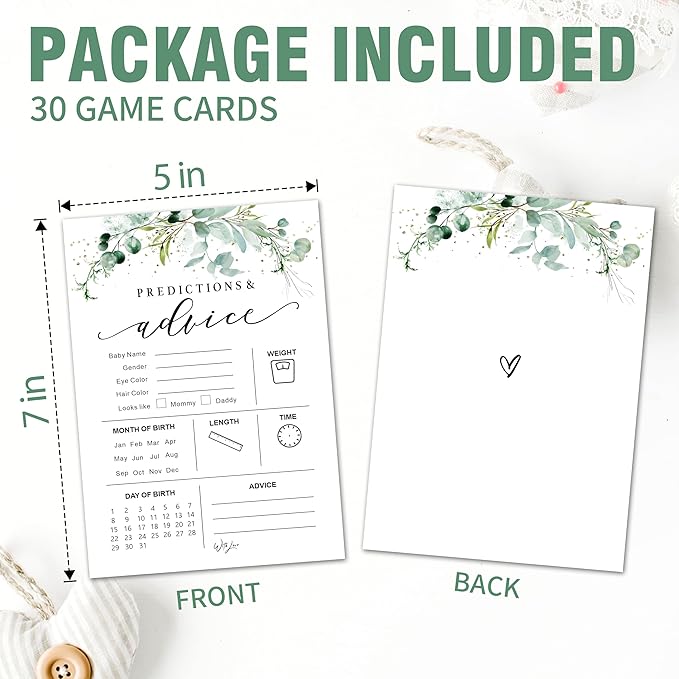 Greenery Baby Shower Game Cards - Set of 30 Predictions & Advice For Baby - Double Sided Print Baby Announcement Gender Reveal Game Card For Parents To Be - Baby Shower Party Activities Supplies - A01