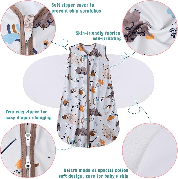 Newborn Sleep Sack Baby Swaddle,3-Way Adjustable Wearable Blanket,100% Rayon Cotton Swaddling Sleeping Bag,TOG 0.5 (Fox & Dinosaurs, 0-3 Months)