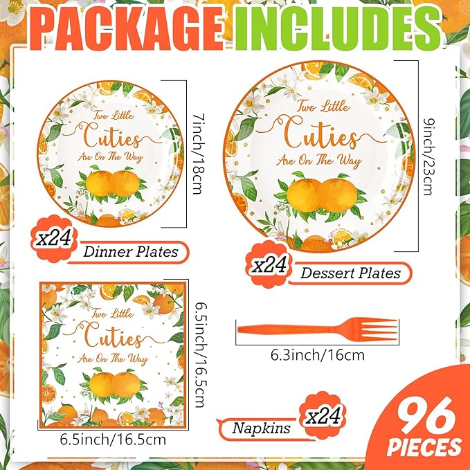Zhehao 96 Pcs Twins Baby Shower Decorations Supplies Twins Cuties Baby Shower Tableware Set Eucalyptus Leaf Orange Strawberry Themed Plates Napkins Forks for 24 Guests(Orange)