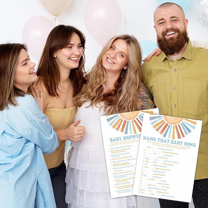 Baby Shower Feud & Name That Baby Song Theme Baby Shower Game Activities-Game Cards For Boys & Girls-30 Retro Sunshine Game Cards & 1 Answer Card-Baby Shower Party Supplies & Decorations-A05