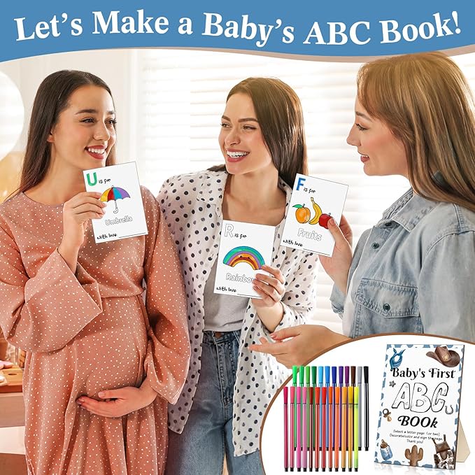 Geelin 51 Pcs Fun Baby Shower Game Activities First Abc Book Sign Coloring Game Card 26 Alphabet a to Z Coloring Card with 24 Watercolor Pen Storage Bag for Baby Shower Party(Cowboy)