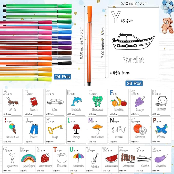 Geelin 51 Pcs Fun Baby Shower Game Activities First ABC Book Sign Coloring Game Card 26 Alphabet a to Z Coloring Card with 24 Watercolor Pen Storage Bag for Baby Shower Party(Blue Bear)
