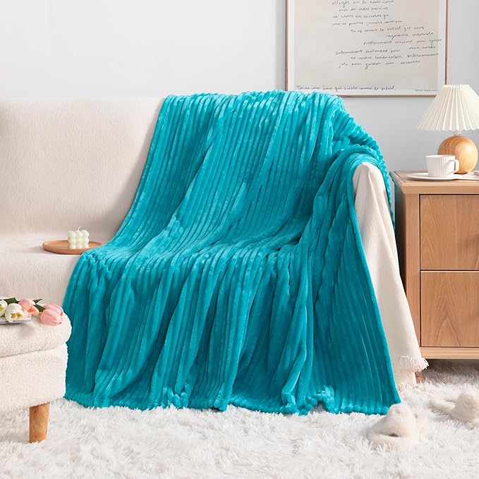 NTBAY Plush Flannel Oversized Baby Blanket, 50X60 Inches Soft and Warm Toddler Blanket with Striped Texture Nursery Bed Blanket for Stroller, Crib, Travel, Baby Gift, 50"x60", Turquoise