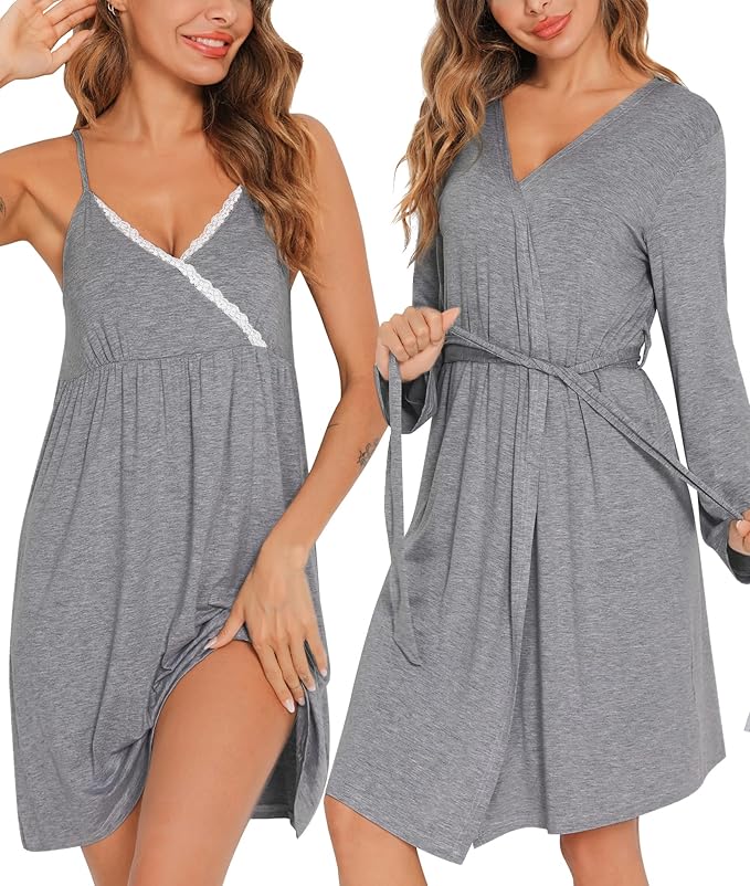 SWOMOG Womens Maternity Robe 2 Piece Nursing Nightgown for Breastfeeding 3 in 1 Labor Delivery Nursing Dress Lace Bathrobe