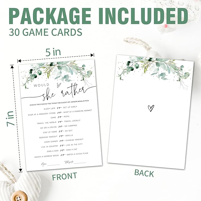Baby Shower Game Cards - Set of 30 Would She Rather Game - Greenery Double Sided Print Baby Announcement Gender Reveal Card for Parents to Be - Baby Shower Party Activities Supplies - A13