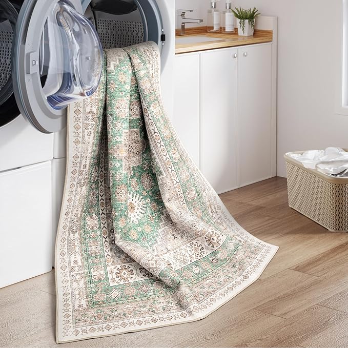 zesthome 8x10 Area Rugs for Living Room,Non-Slip Backing Washable Rugs,Vintage Large Area Rug,Stain Resistant Home Decor Rug (Green/Brown,8'x10')