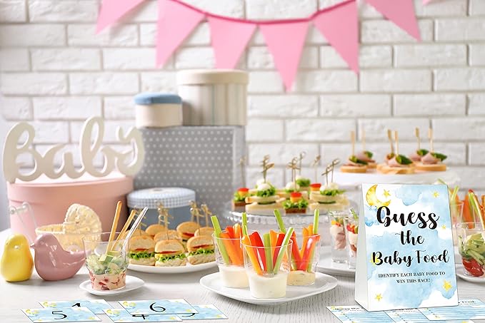 Baby Shower Game Set, Find The Baby Food Party Games(1 Standing Sign + 20 Answer Cards + 6 Number Cards), Moon and Stars Shower Games, Sleepover Gender Reveal Party Favor(A06)
