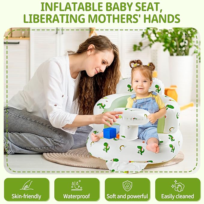 Inflatable Baby Seat with Tray, Comfortable Sit Me Up Baby Chair for Learning to Sit, Built in Air Pump Blow Up Floor Seat with Back Support 3 Months & Up (Dinosaur with Tray)