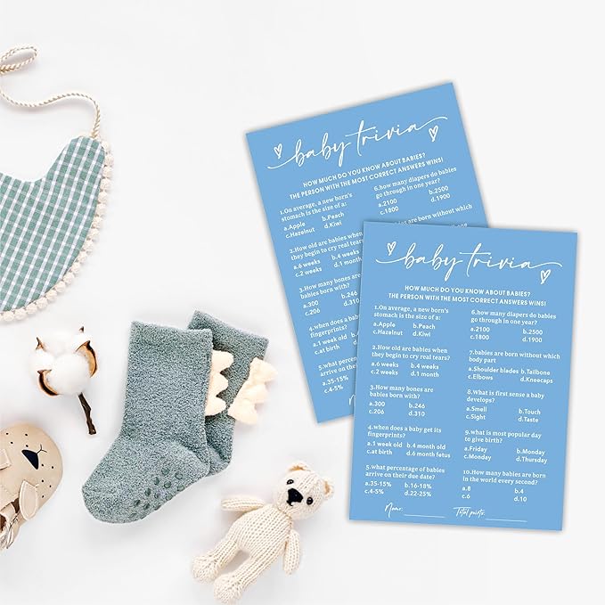 Baby Trivia - Baby Shower Game Cards - Minimalism Blue - 30 Double-Sided Fill In Style Game Cards With Answer Card, Gender Reveal, Baby Announcement, Party Games & Activity - C13
