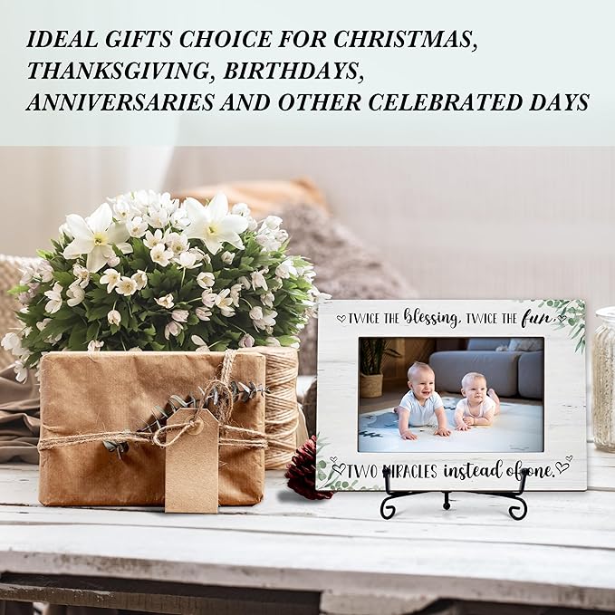 Twins Photo Frame Gifts, Two Miracles Themed Wooden Picture Frame With Stand, Baby Ultrasound Frame, Baby Announcement Gifts For New Mom New Dad New Grandparents -49