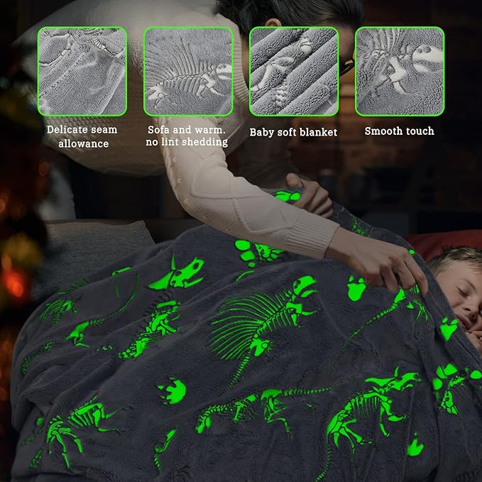Glow in The Dark Blanket Dinosaur Blanket for Boys Kids Soft Cute Dino Throw Blanket Christmas Toys Gifts Gray Glowing Dinosaur Blankets for Bed 90x90 inch