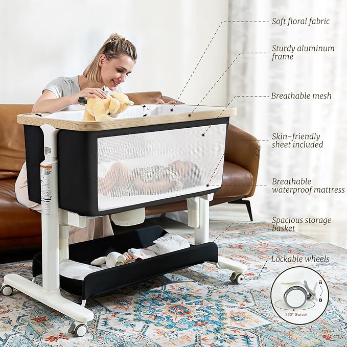 Electric Bassinet Baby Cradle 3 Rocking Motion, 3 in 1 Baby Bassinets for Newborn with 5 Heights Adjustable, Girl/boy Automatic Rolling Bedside Sleeper, Black