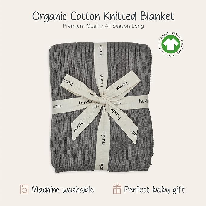 Knitted Organic Cotton Baby Blanket- Swaddle Blanket, 30" x 40" Soft Receiving Blanket for Newborn (Ribbed-Cloud Grey)