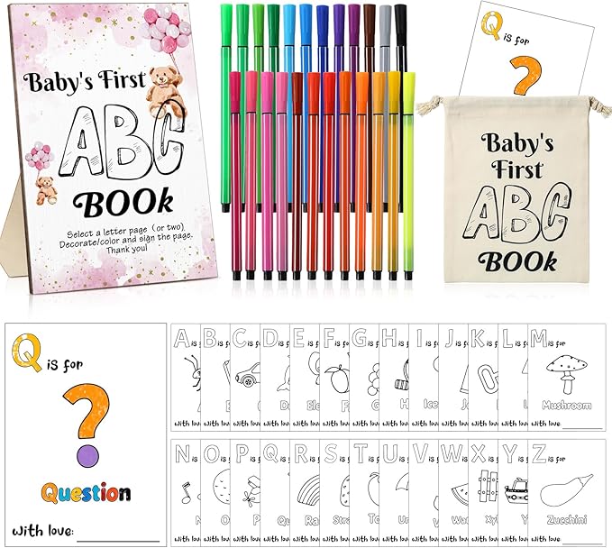 Geelin 51 Pcs Fun Baby Shower Game Activities First Abc Book Sign Coloring Game Card 26 Alphabet a to Z Coloring Card with 24 Watercolor Pen Storage Bag for Baby Shower Party(Pink Bear)