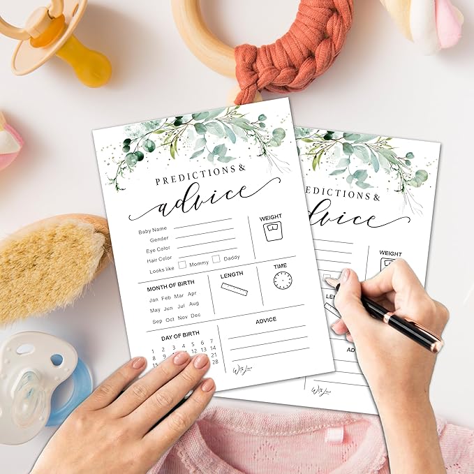 Greenery Baby Shower Game Cards - Set of 30 Predictions & Advice For Baby - Double Sided Print Baby Announcement Gender Reveal Game Card For Parents To Be - Baby Shower Party Activities Supplies - A01
