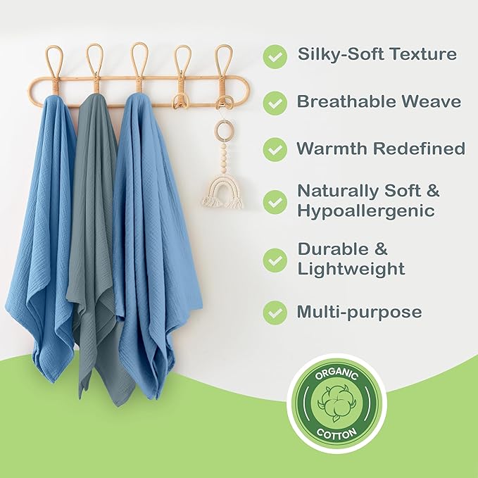 Organic Cotton Muslin Baby Blanket - 47x47 Inch Breathable Swaddle, Hypoallergenic Double-Layer, Versatile Use (Slate/Aquarius, 47x47 Inch)