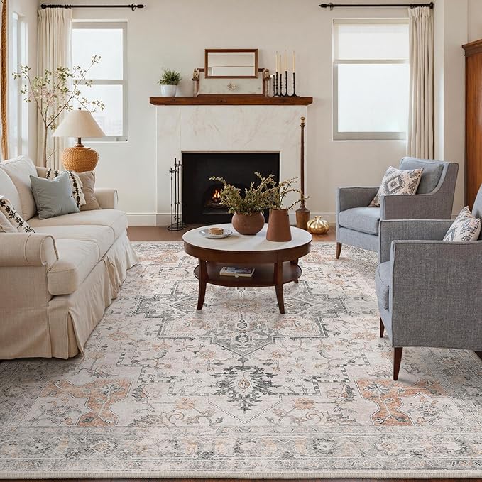 GENIMO 8x10 Area Rugs for Living Room, Machine Washable Non Slip Vintage Rugs, Low Pile Lightweight Chenille Print Rug for Bedroom, Dining Room, Home Office, Light Taupe Brown