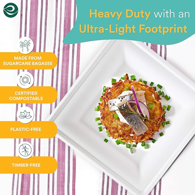 ECO SOUL Pearl White Square Paper Plates (PFAS free) | 100% Compostable Disposable Bagasse I Heavy-Duty Eco-Friendly Dinner Plates I Biodegradable Sugarcane Eco Plates (1, 6 Inch)