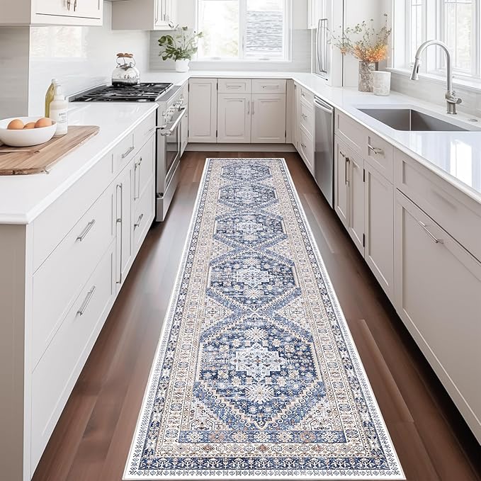 zesthome Washable Runner Rug 2.5x12 - Stain Resistant Entryway Rug,Ultra-Thin Kitchen Rugs, Anti Slip Backing Runner Rugs for Entrance Laundry Room Indoor Hallway (Blue/Beige,2.5'x12')