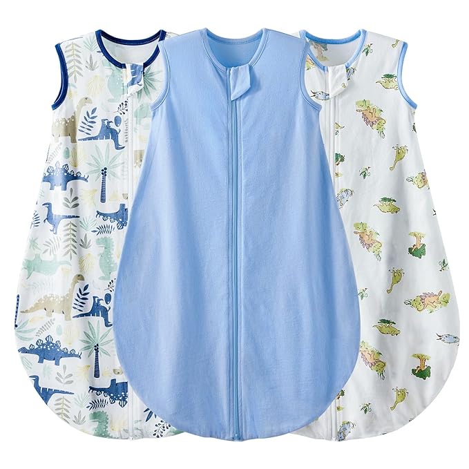 Duomiaomiao 3 Pack Baby Sleep Sack 100% Organic Cotton Lightweight Breathable Comfy Toddler Sleeping Sack (0.5tog Dinosaurs, Medium)