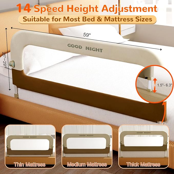 Bed Guard Rail for Toddlers - 59" Adjustable Heights & Folding up Portable Bed Railing for Baby - Toddler Bed Rails Guard for Crib, Twin, Bunk,Full Size, Queen & King Bed